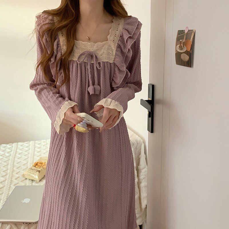 长袖睡裙女春秋款提花纯棉带胸垫孕妇秋冬花边宫廷风紫色睡衣裙子