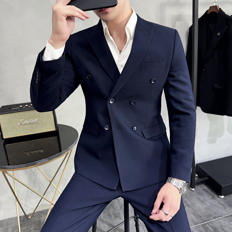 春秋季新款男士西服套装结婚商务休闲双排扣职业西装男正装两件套
