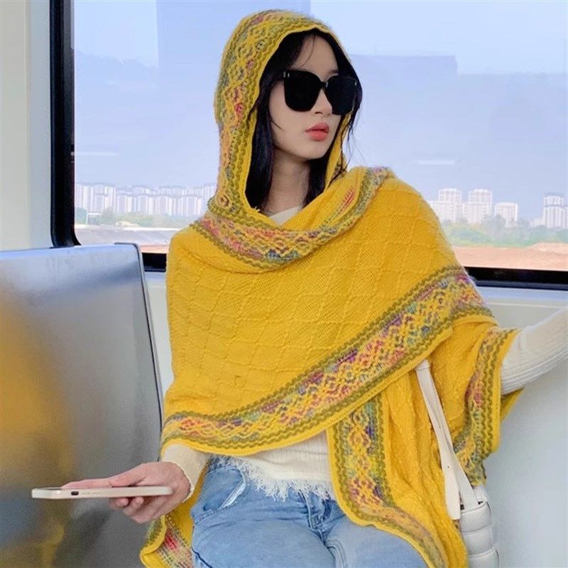 披肩外搭女夏季2025新款空调房护肩颈防J风连帽罩衫斗篷民族风围