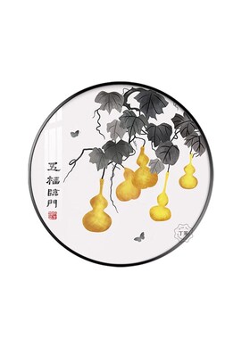新中式玄关装饰画餐厅圆形背景墙挂画五福临门饭厅走廊Y氺过道壁