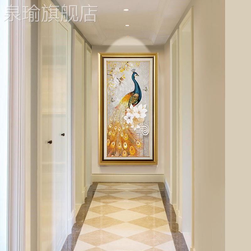网红欧式入户玄关装饰画雀现代约大进门壁画竖版走V廊过道气孔玄
