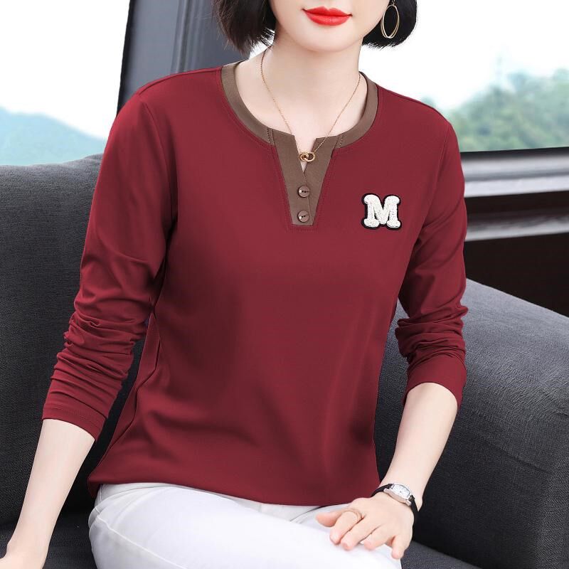纯棉长袖t恤女 2025春装新款洋气大码上衣中老年人妈妈秋衣打底衫