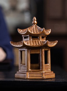 古风双层六角亭子凉亭陶瓷摆件禅意鱼缸造景微景观装饰品中式摆设
