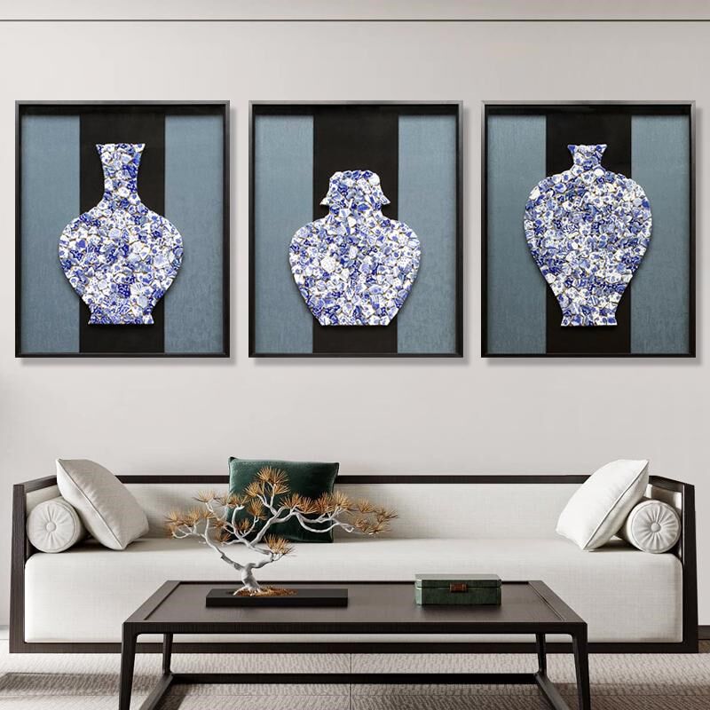 青花瓷实物画客厅装饰画中国风挂画餐厅画M玄关画新中式手工艺画