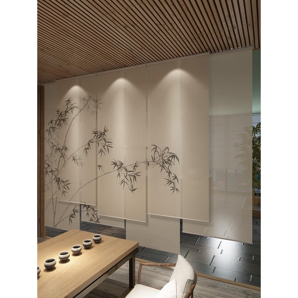 新中式拉卷式客厅茶室电动升降卷帘窗帘遮阳屏风隔断帘装饰帘定制