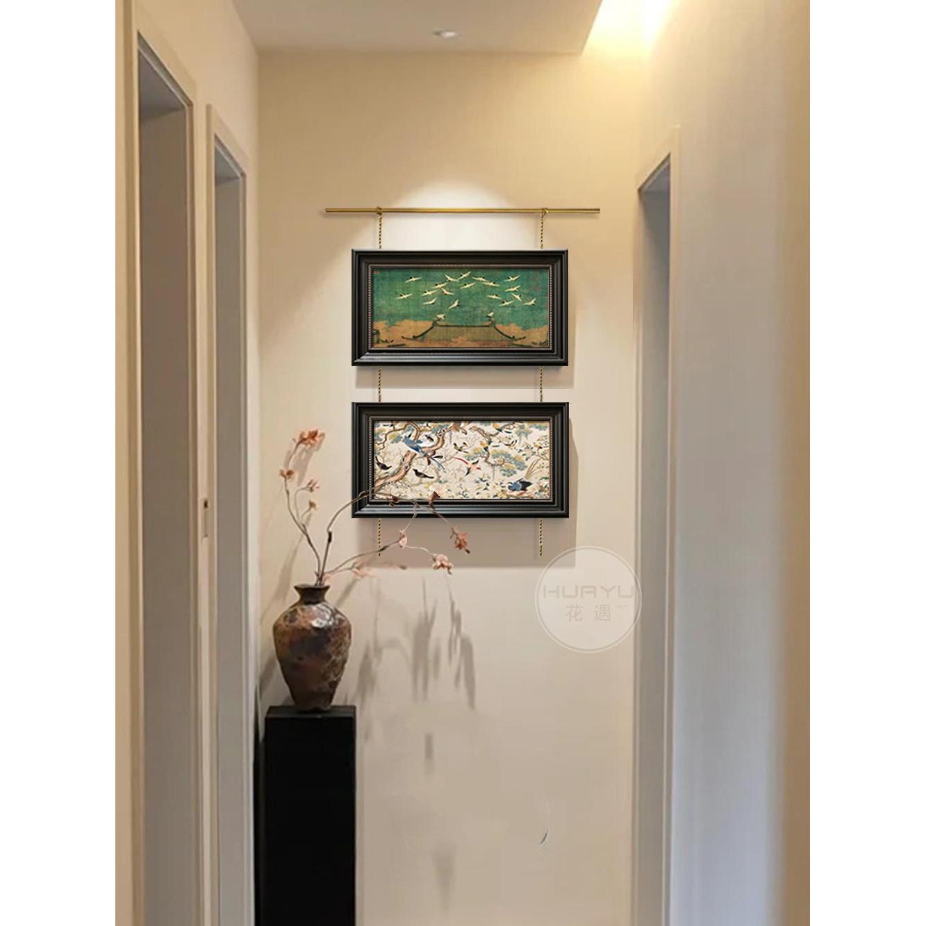 宋徽宗瑞鹤图中国风花鸟客厅装饰画法式玄关覆古黄铜轨道组合挂画