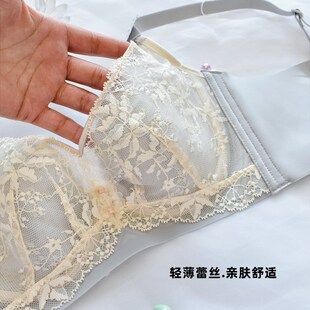 夏季白色薄B杯记忆钢圈聚拢文胸 轻薄款K透气蕾丝纸片杯内衣女显