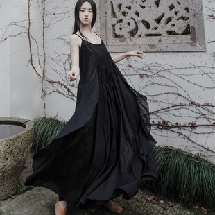 夏季 吊带裙外穿宽松超仙女连衣裙高个子大摆旅行长裙子 纯棉加长款