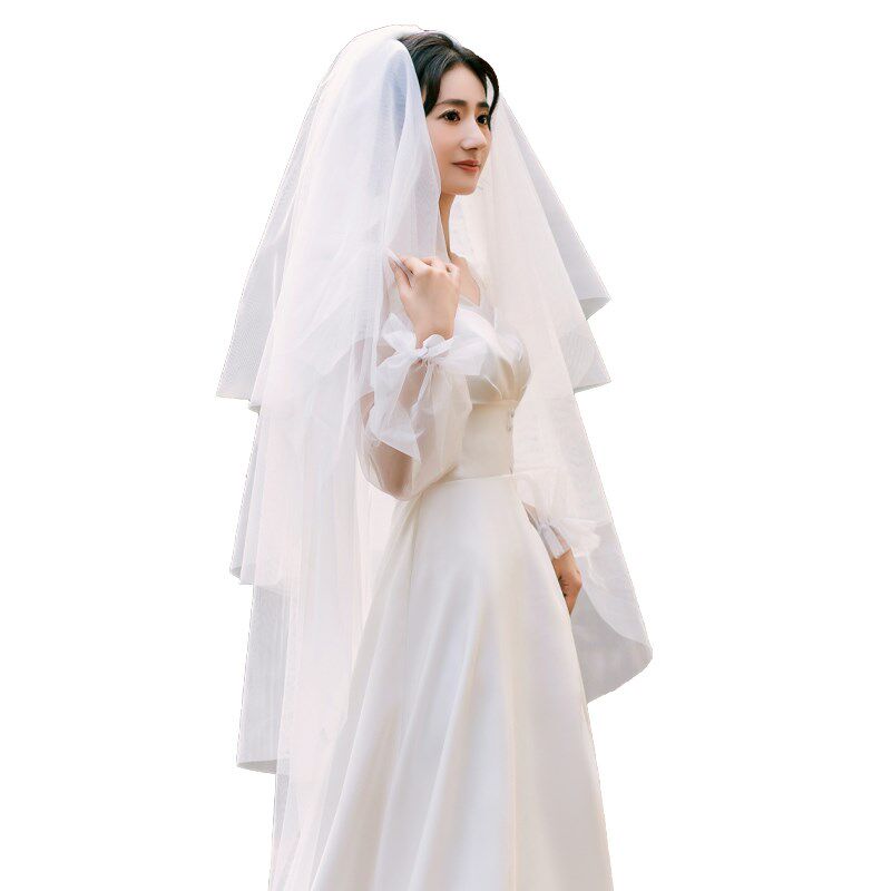 多层法式中长款拍照新娘v主婚头纱软纱求婚订婚四层素纱超仙
