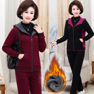 中老年女装秋冬套装妈妈装运动服加绒加厚卫衣休闲时尚洋气纯棉