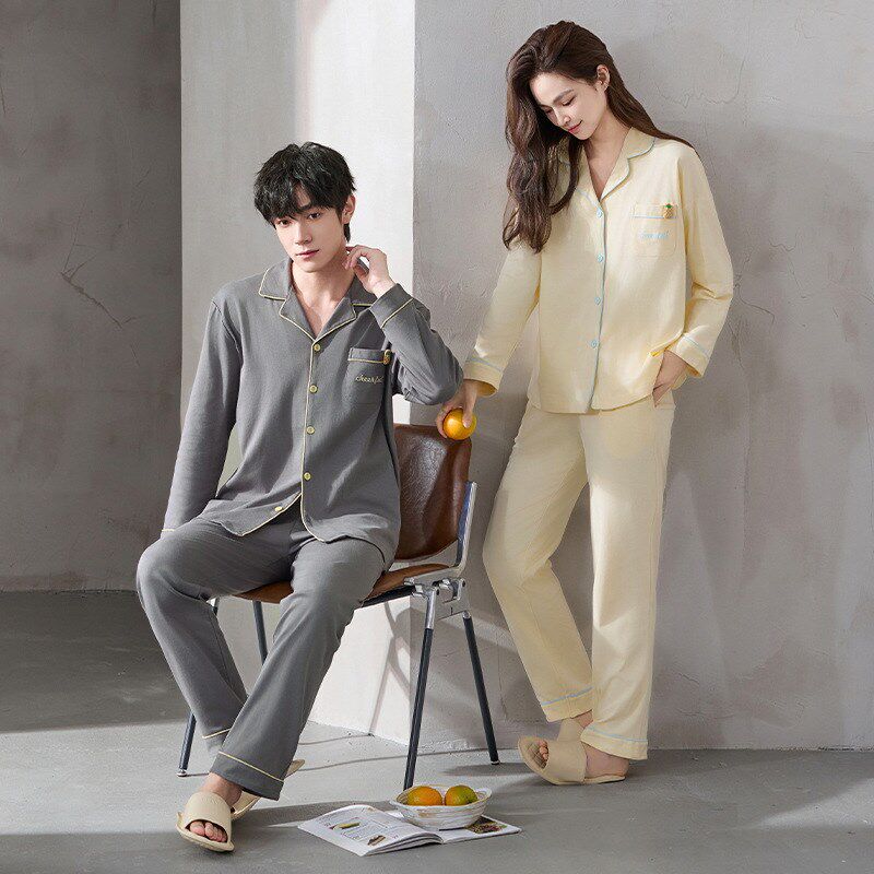 情侣睡衣长袖纯棉春秋款简约休闲可外穿男女士开衫全棉家居服套装