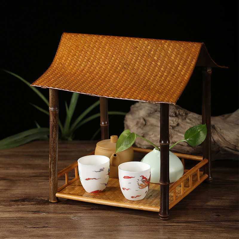 中式竹编竹制杯子架子置物架桌面茶具收纳层架展示架W茶棚杯架博