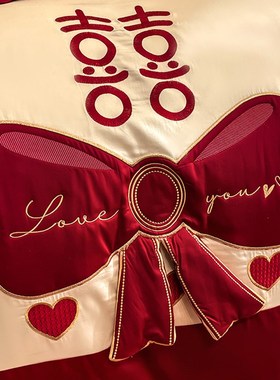 公主风结婚四件套新婚床上用品全棉红色喜庆100Q支长绒棉抱枕六件