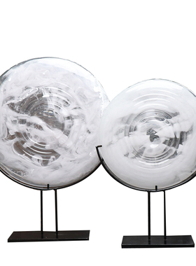 现代新中式白色透明水墨样板间玄E关别墅书房博古架软装饰品摆件