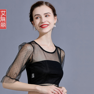 上衣女 t恤透明网纱打底衫 夏季 薄款 吊带裙内搭纱衣短袖 薄纱泡泡袖