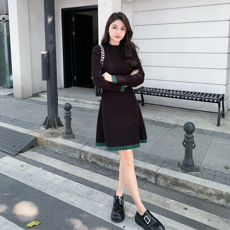 中长款针织连衣裙女秋冬内搭半高领修身显瘦小个子打底a字毛衣裙