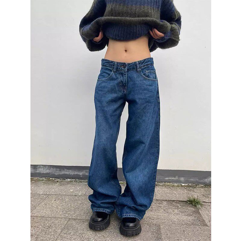 蓝色宽松百搭直筒复古牛仔裤女2024春秋新款低腰显瘦拖地阔腿裤子
