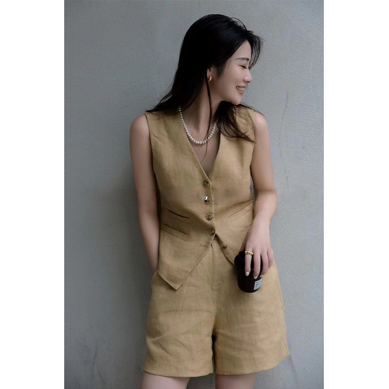 法式亚麻时尚套装女夏季高级感气质通勤西装马甲上衣阔腿裤两件套