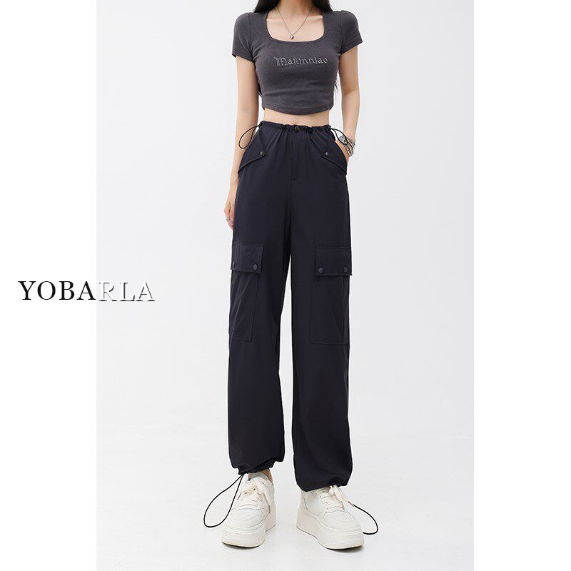 美式速干深灰色直筒工装裤女夏季新款大码胖mm宽松显瘦高腰休闲裤