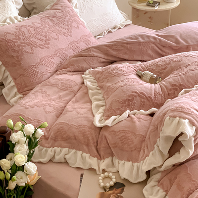 韩式纯色雕花牛奶绒四件套冬款珊瑚绒床单床笠双V面绒被套公主风