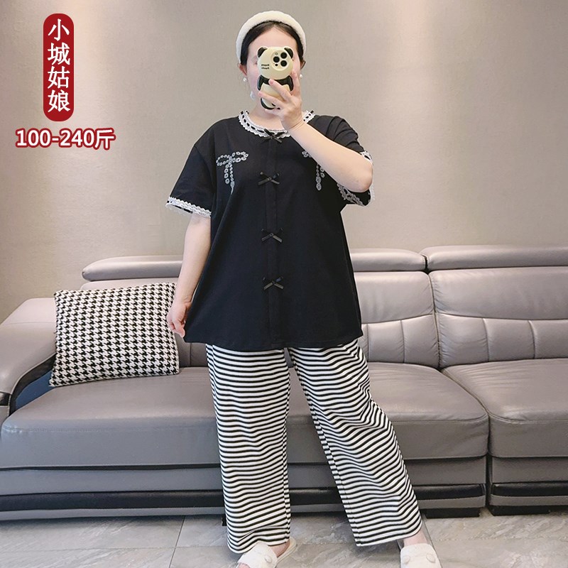 纯棉套头短袖夏季高端韩版睡衣女胖mm大码宽松条纹长裤家居服套装