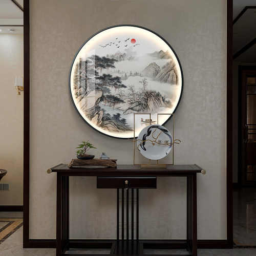 迎客松新中式入户j玄关装饰画圆形带灯画进门画中国风挂画客厅壁