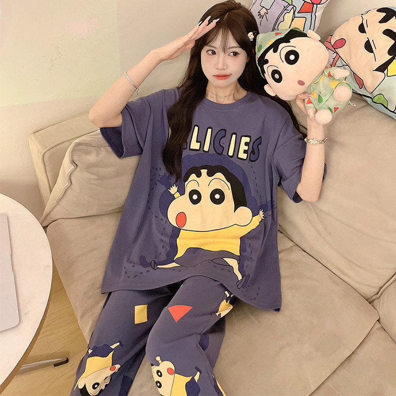 睡衣女夏季纯棉短袖长裤胖mm大码200斤女款春秋款卡通家居服套装