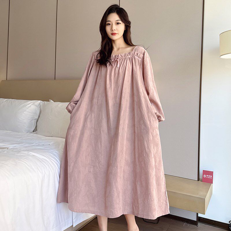 女士韩版甜美公主风长袖睡裙新款胖MM宽松大码睡衣孕妇纯棉家居服