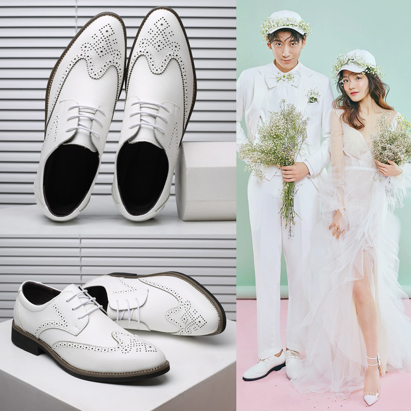 2021新郎结婚拍婚纱照礼小白鞋韩版英伦商务休闲皮鞋男士西装伴郎
