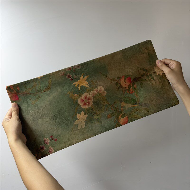 手工双面茶席 锦缎织锦桌旗新v中式茶席寿桃花卉款 尺寸约50/24