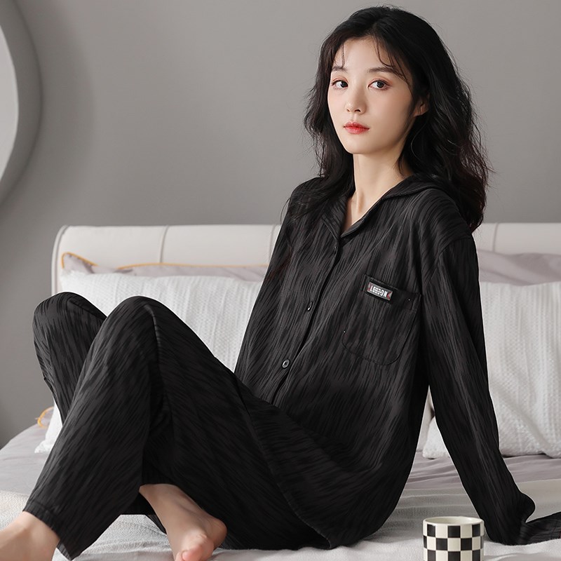 大码睡衣女春秋2023新款长袖长裤黑色韩版高级感开衫家居服套装