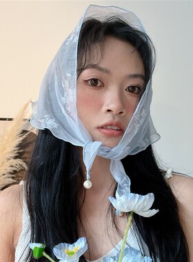 国风潮流春夏出游百搭蕾丝边印花头巾女包头三角巾高级感配饰方巾