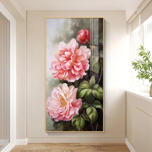 牡丹花入户玄关挂画客厅走廊过道壁画F现代简约花开富贵竖版装饰