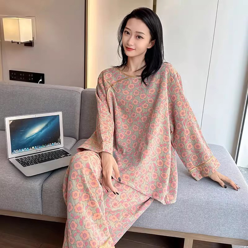 胖妹妹大码睡衣女200斤春秋纯棉纱布中式复古盘扣长袖家居服套装