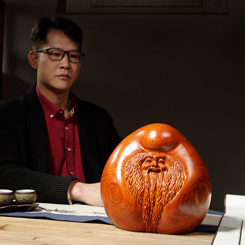 花梨木质雕刻寿桃l摆件老寿星红木工艺品送长辈老人祝寿生日送礼