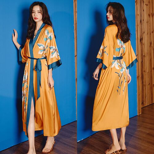 2023新款缎面睡衣女夏大码轻奢七分袖凉感睡袍浴袍家居服女WP2669
