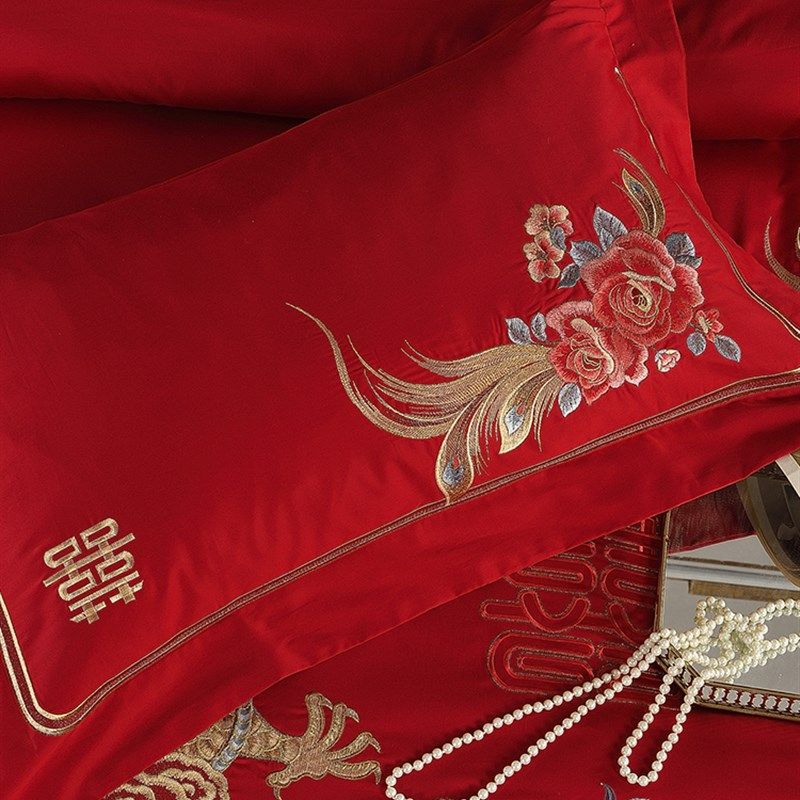 大红喜庆婚庆套件100支全棉龙凤刺绣K中式结婚床上用品四件套