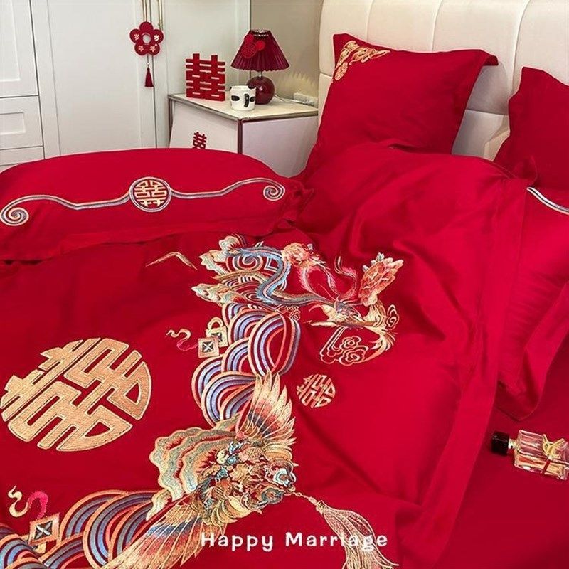 中式龙凤刺绣g结婚四件套大红色床单被套喜被婚庆嫁娶床上用品