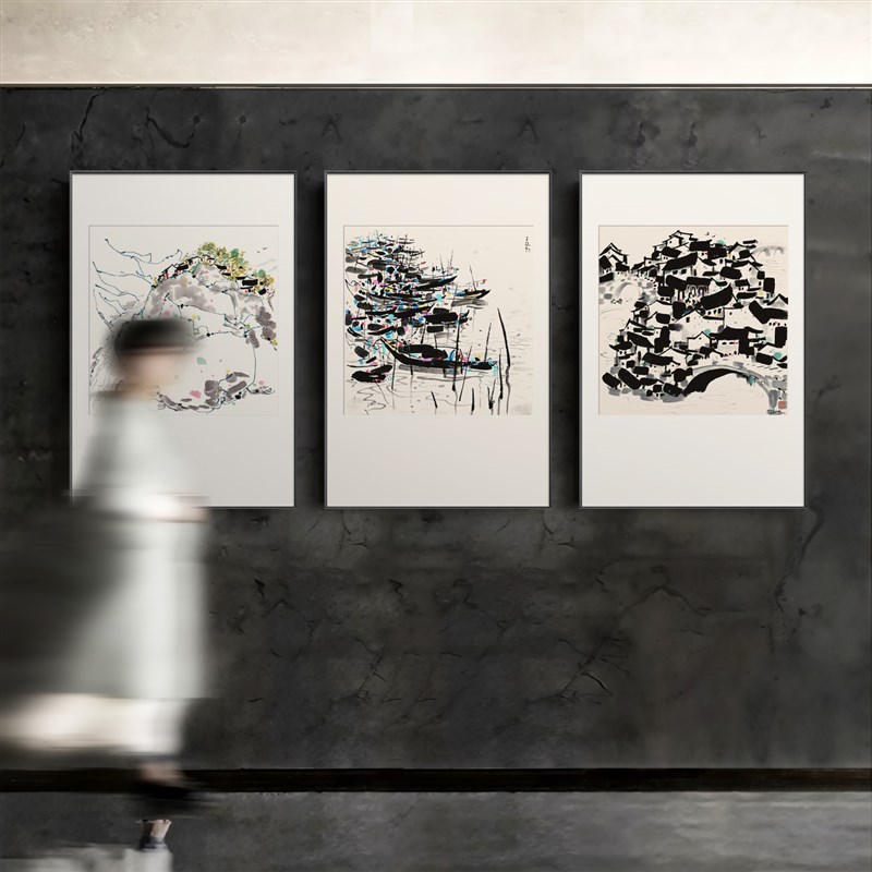 吴冠中江南水乡茶室背景墙挂画水墨客厅书L房装饰画新中式餐厅壁