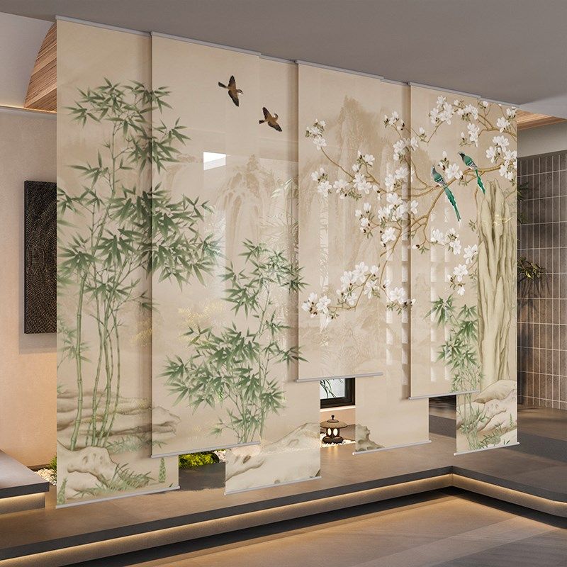 新中式屏风软隔i断客厅门帘装饰茶室背景墙定制花鸟布艺卷帘窗帘