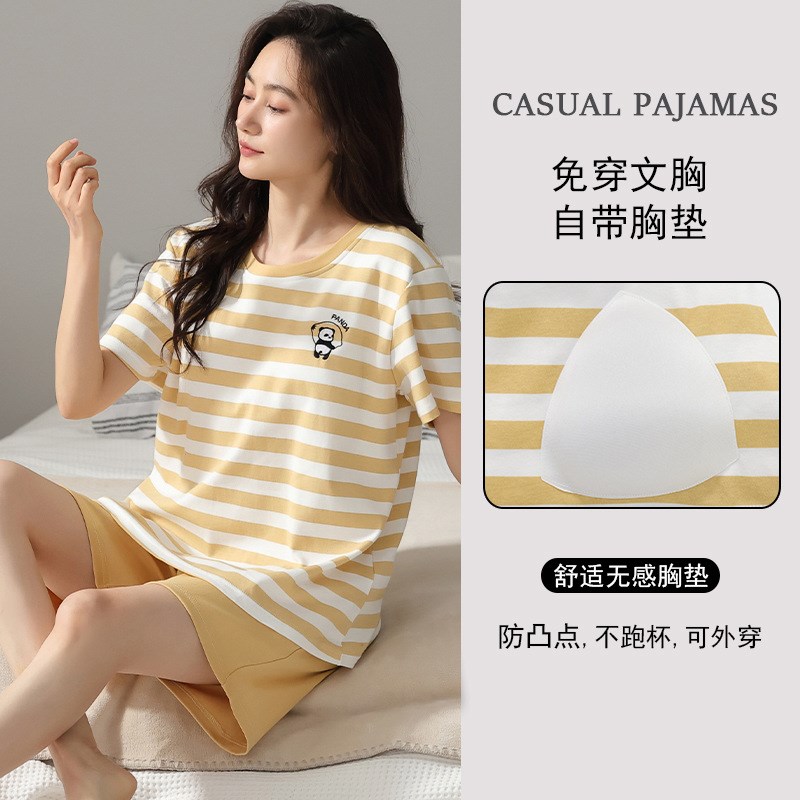 带胸垫睡衣女夏季纯棉短袖大码宽松韩版条纹女士家居服套装可外穿