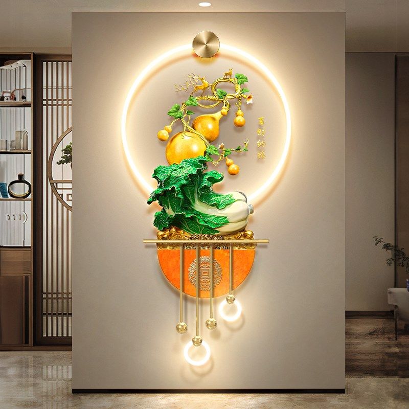 白菜百财图d客厅电视格栅装饰挂件新中式葫芦玄关背景墙发光壁画