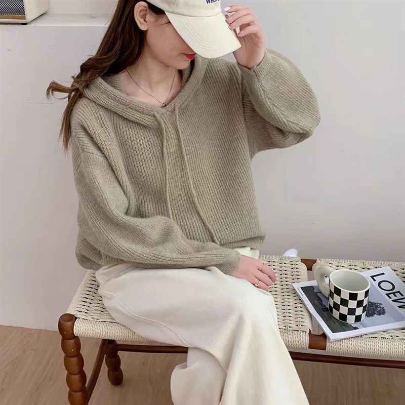 秋冬连帽休闲套头毛衣女2023新款亮丝抽绳宽松时尚女装休闲针织衫