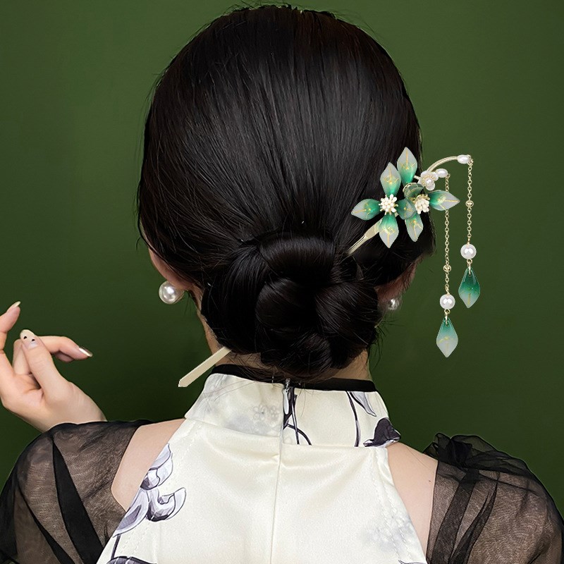 绿色树脂花朵高级感古风流苏发簪古风旗袍配饰簪子高级感新中式图片