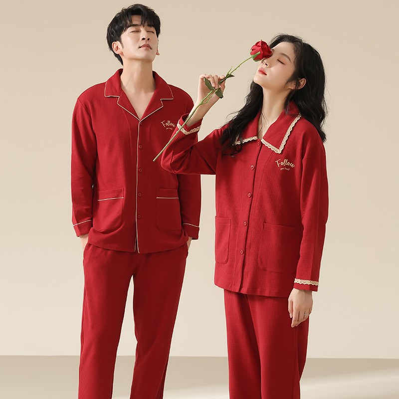 新婚结婚情侣睡衣春秋季纯棉长袖大红喜庆本命年全棉家居服套装