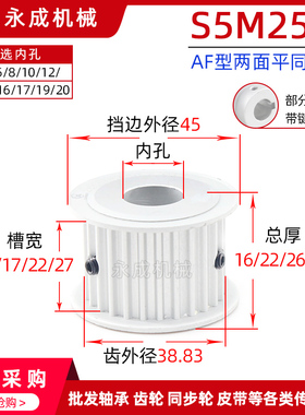 无台S5M25齿两面平25S5M同步轮槽宽11/17/22/27皮带轮齿外径38.83