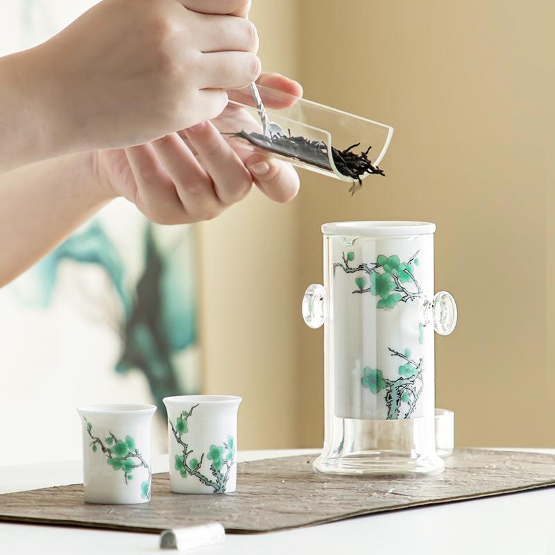 水玻璃茶壶旅行茶具耐高加温绿梅红茶厚过滤红茶茶具陶瓷茶分离花