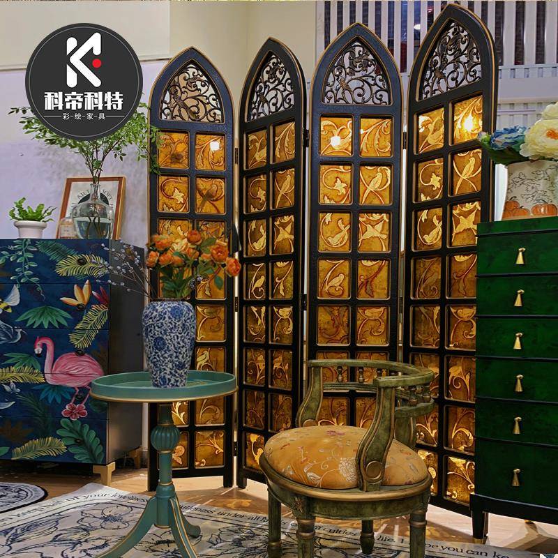 折叠欧式隔屏风断客厅玄关入户进门美式中古遮挡移动屏风卧室玻璃