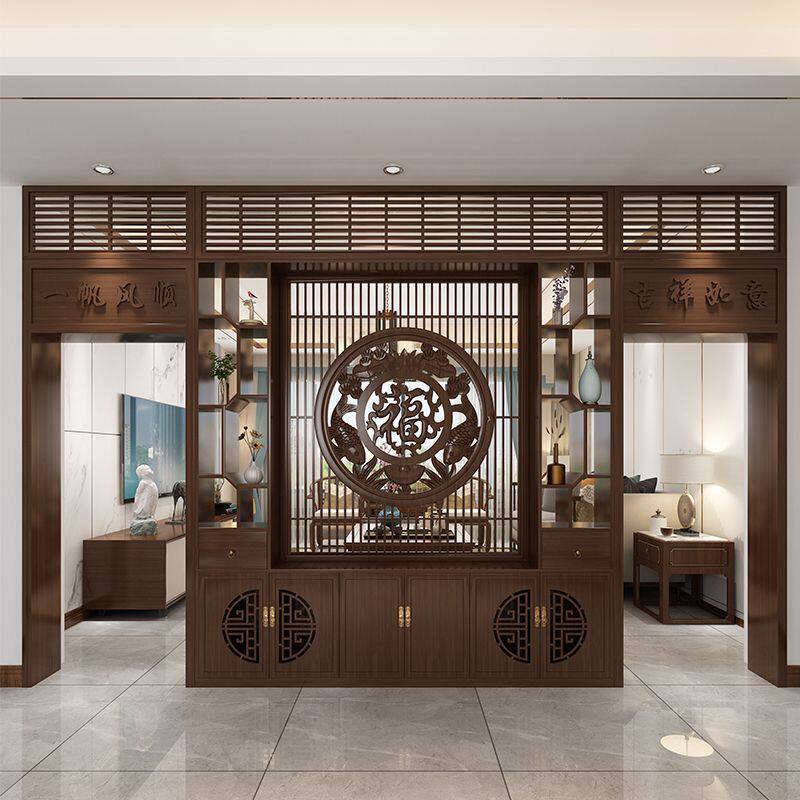 新中式客厅实木屏风隔断办公一体酒店大堂进门酒柜玄关入户隔断柜