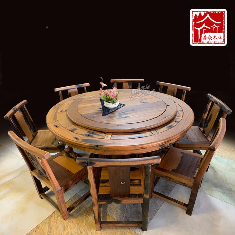 老大船木圆形餐桌椅组合带盘转餐SZ-35厅实木型饭桌吃酒店家用餐